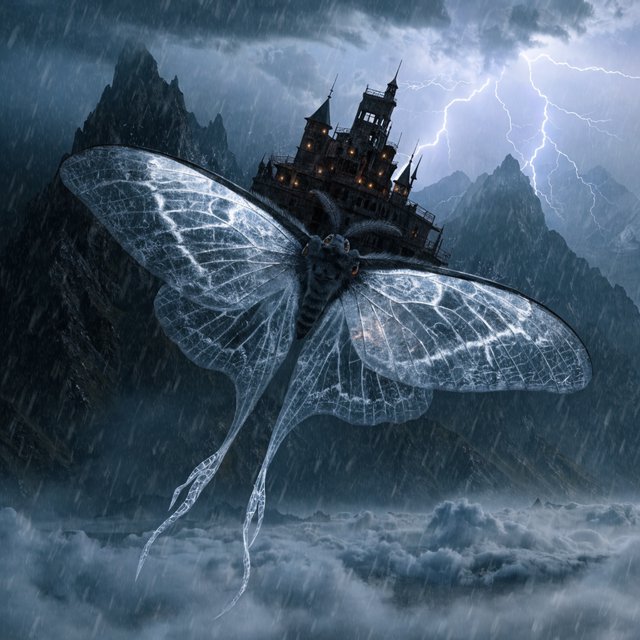 A colossal moon-moth creature glides above a stormy mountain range, its translucent wings glowing with silver veins and carrying a ruined observatory on its back. Lightning silhouettes distant peaks while amber lanterns shimmer through rain and cloud. — Recraft v4