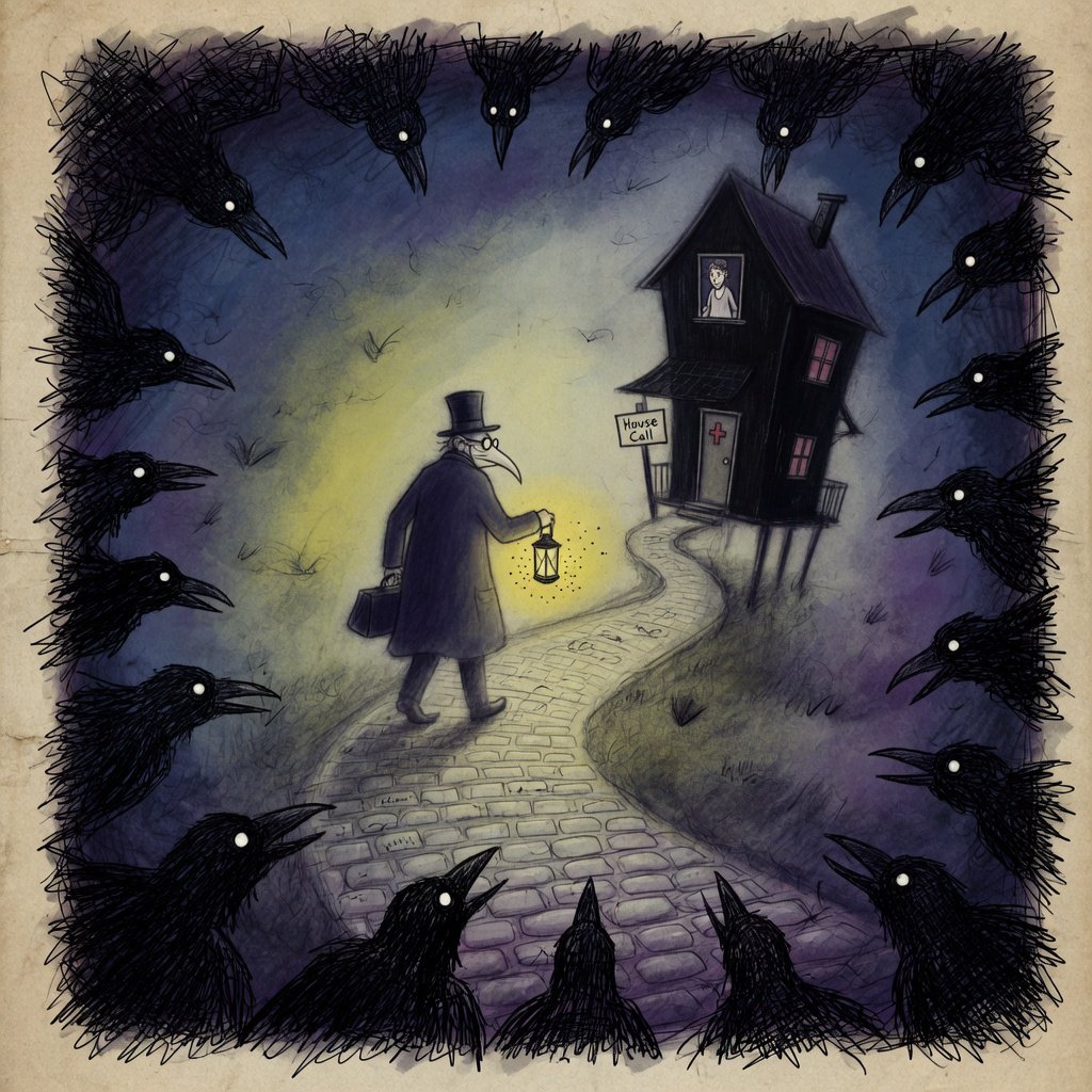 Walking in a dream, with ravens scribbled along the edges, a doctor on a house call — Grok Imagine Image Quality