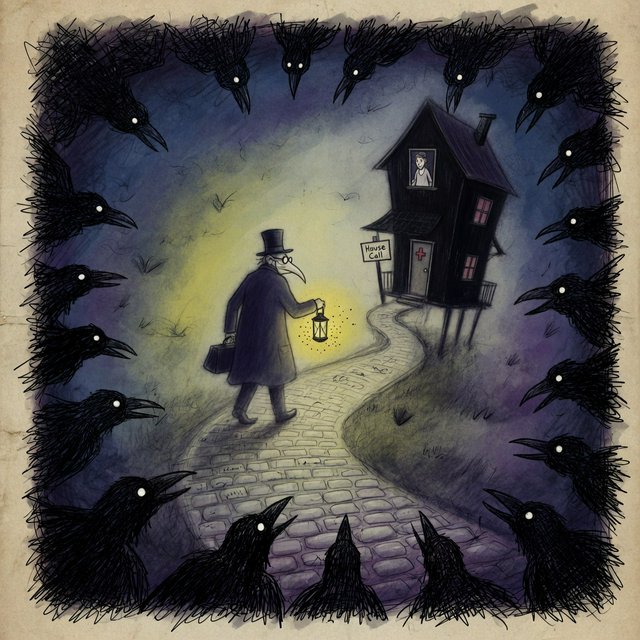 Walking in a dream, with ravens scribbled along the edges, a doctor on a house call — Grok Imagine Image Quality
