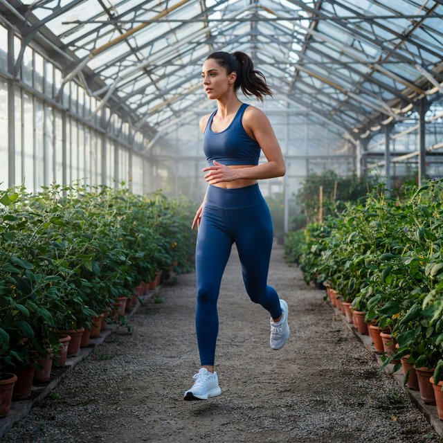 Across a quiet greenhouse path, an adult woman in a cobalt fitness set is caught mid-stride on a morning run, cool dawn light tracing her focused profile; clean lines and poised styling evoke a fashion magazine. — Model 7