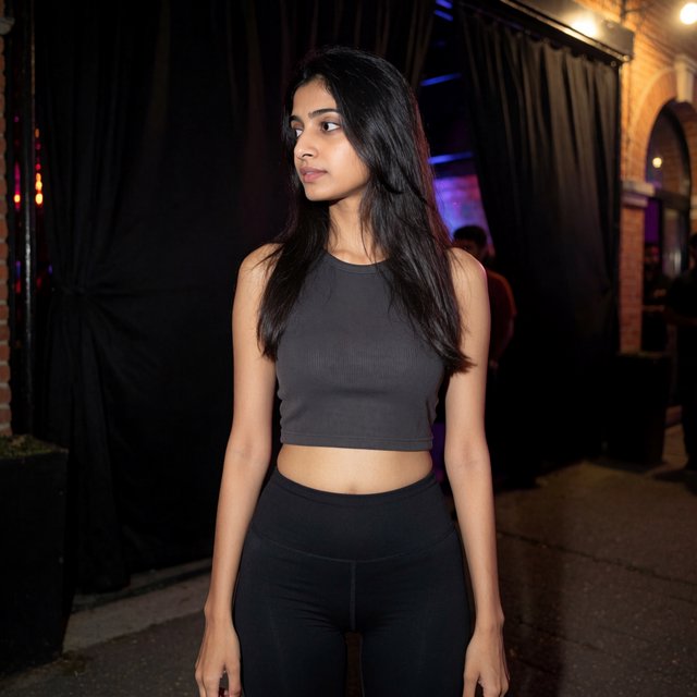 A very pretty Indian woman, 19–27 years old. She is slim with wide hips and is wearing a fitted crop top and leggings. Full-body image. Outside a nightclub. — Model 11