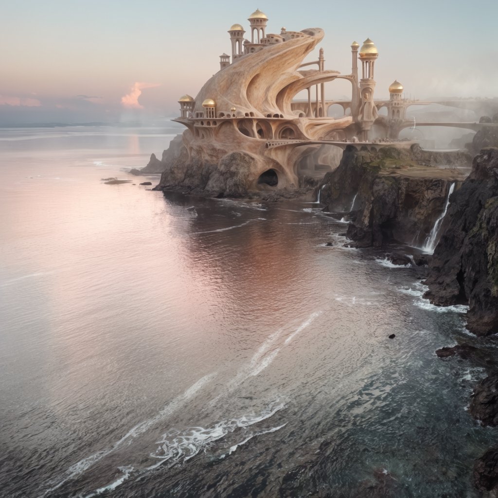 A wind-carved observatory crowns black cliffs above a silver inland sea, its open brass domes catching the last rose light. Salt mist drifts through suspended bridges as distant storms flicker beyond the horizon. — Krea 2 Large