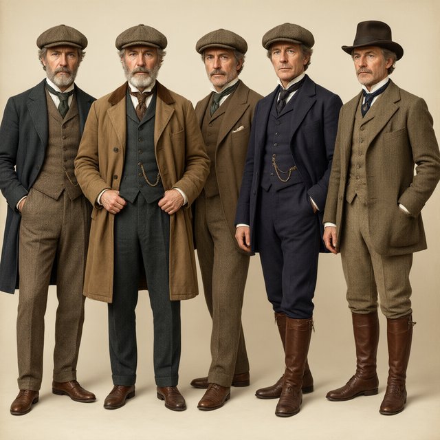A realistic image only, showing nice outfits worn by adult men from at least 4–6 different eras. Mention the time range for each era. — Qwen Image 3.0