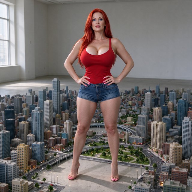 A beautiful adult woman with red hair, pale skin, and blue eyes. She has a slim but curvy body, a very large bust, and thick thighs. She has long pink manicured nails and is wearing a red low-cut singlet and tight denim shorts, along with light makeup. She is standing in a large empty space. A realistic-looking miniature city covers the whole floor, and the woman is standing in the middle of it with her hands on her hips, looking at the viewer. — Seedream 5.0 Flash