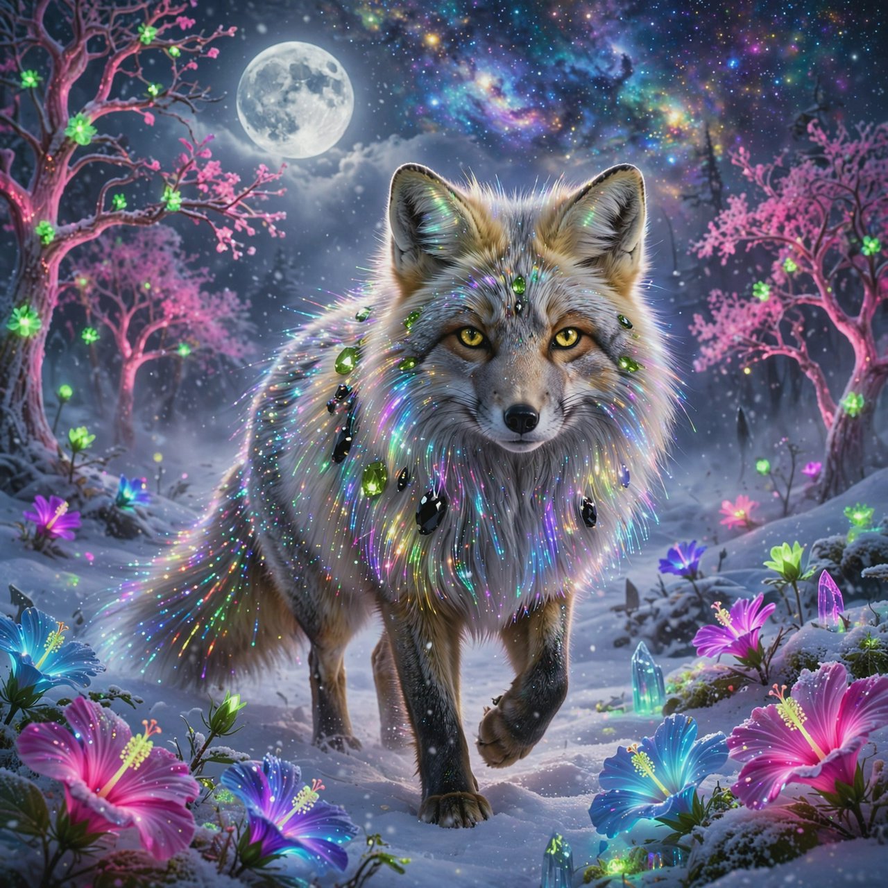 A fantasy still photography image of a majestic silver and gold fox, its fur coat features a breathtaking fiber-optic rainbow-glitter that shimmers with dense prismatic sparkles shifting vibrantly under the ethereal moonlight, the fox features deep silver undertones across its thick coat and is perched proudly in a front-facing posture, its fur is intricately adorned with embedded polished peridot and shimmering onyx that catch the glowing light, it is walking in an enchanted snow filled landscape filled with multicolored bioluminescent hibiscus flowers blooming in radiant neon shades and blooming pink bioluminescent trees with glowing green blossoms, the background features a dramatic full moon and a vibrant multicolored starry sky filled with multicolored swirling galaxy, a soft ethereal glow illuminates the fox's commanding silhouette, razor-sharp focus on its piercing golden eyes, magical realism style, fantasy art. — Muse Image 1.0