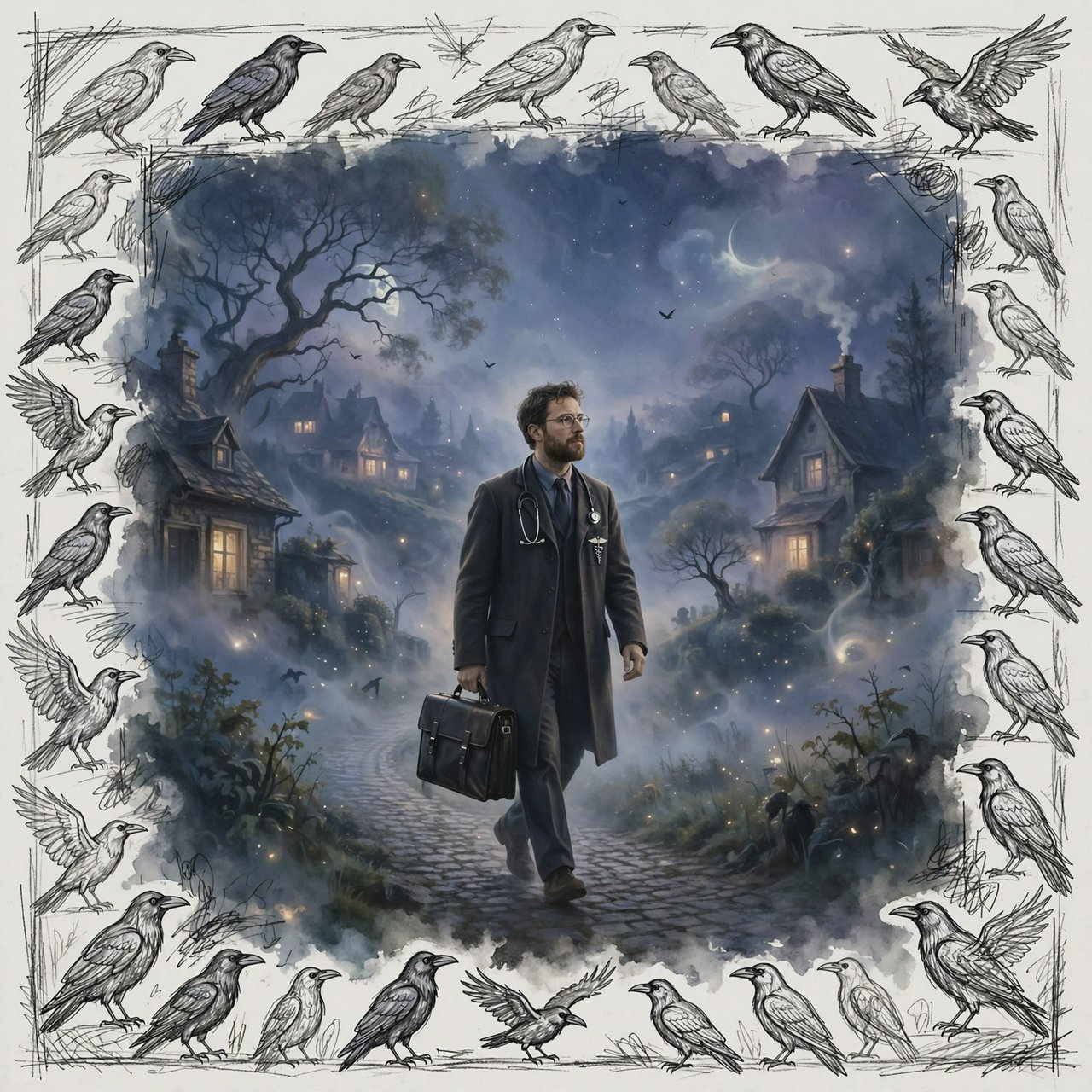 Walking in a dream, with ravens scribbled along the edges, a doctor on a house call — Muse Image 1.0