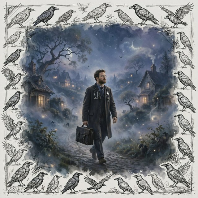 Walking in a dream, with ravens scribbled along the edges, a doctor on a house call — Muse Image 1.0