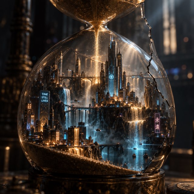 A macro close-up of a miniature glowing cyberpunk city built entirely inside a hollow cracked hourglass, tiny illuminated skyscrapers, flowing neon waterfalls, volumetric light rays piercing through sand, dark moody cinematic lighting, photorealistic depth of field — GPT Image 2.5 Sunburst