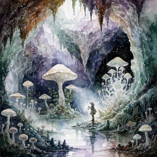 Watercolour illustration of an adult botanist studying luminous fungi in a misty cave, with fern fronds, glistening stone and drifting spores. Palette of jade, lilac, amber, and deep indigo, with translucent washes. — Recraft v4 Pro