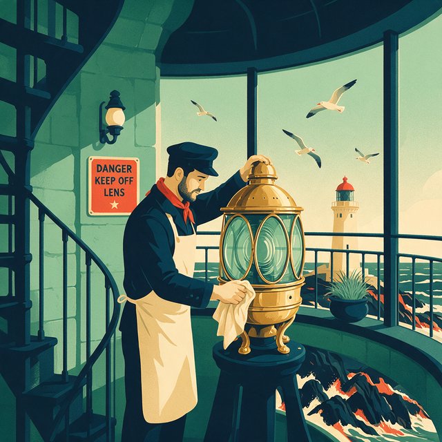 Flat-vector illustration of an adult lighthouse keeper polishing a brass lantern in a windswept tower, gulls circling beyond the glass and foam tracing black rocks below. Palette of sea-glass green, cream, vermilion, and navy. — Seedream 5.0 Pro