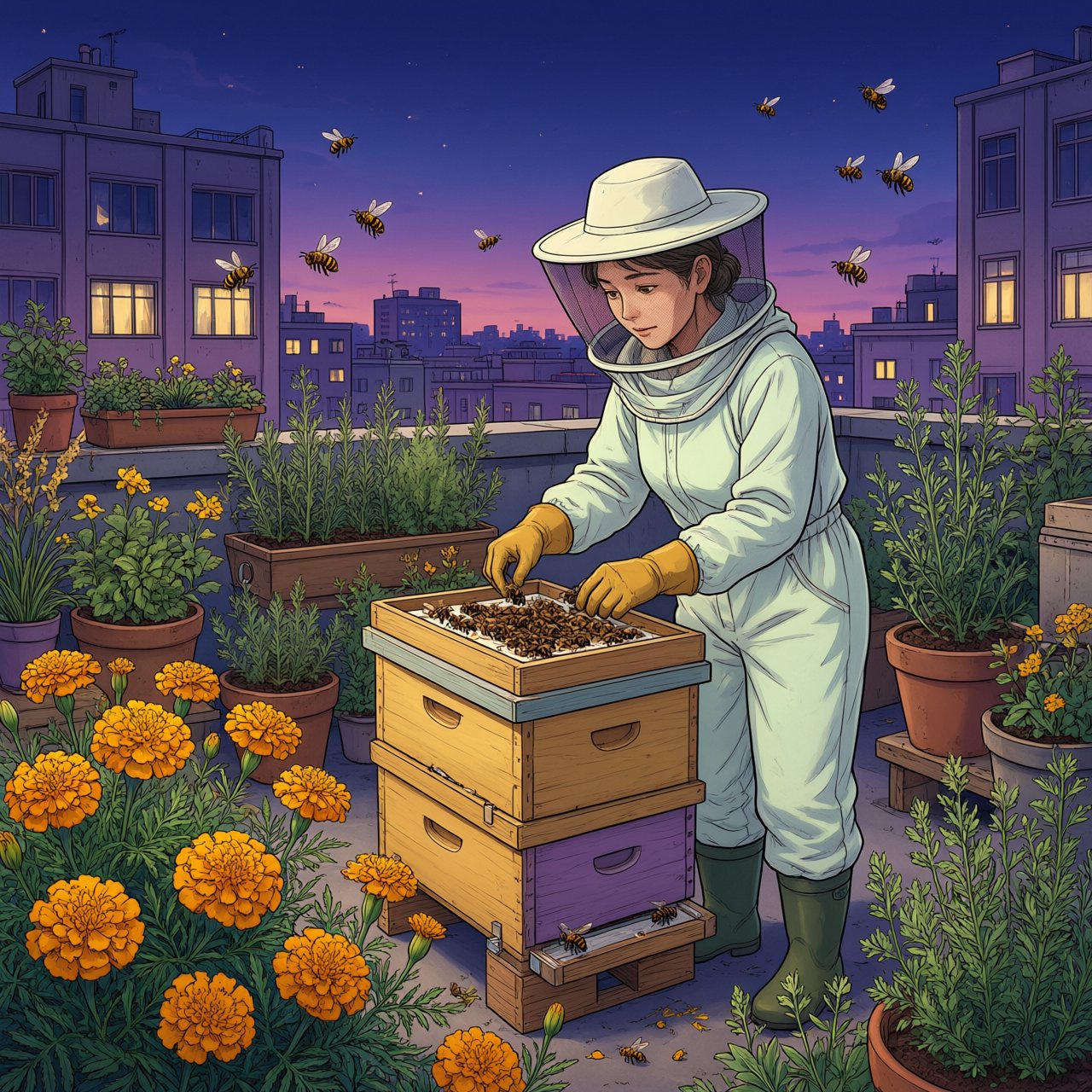 Cel-shaded anime illustration of an adult rooftop beekeeper tending lively hives among marigolds and herbs at dusk, with bees drifting past distant windows. Palette of saffron, violet, mint, and midnight blue, crisp contours and gentle gradients. — Qwen Image 3.0 Pro