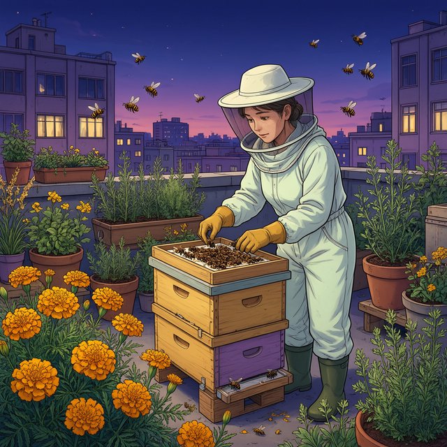 Cel-shaded anime illustration of an adult rooftop beekeeper tending lively hives among marigolds and herbs at dusk, with bees drifting past distant windows. Palette of saffron, violet, mint, and midnight blue, crisp contours and gentle gradients. — Qwen Image 3.0 Pro