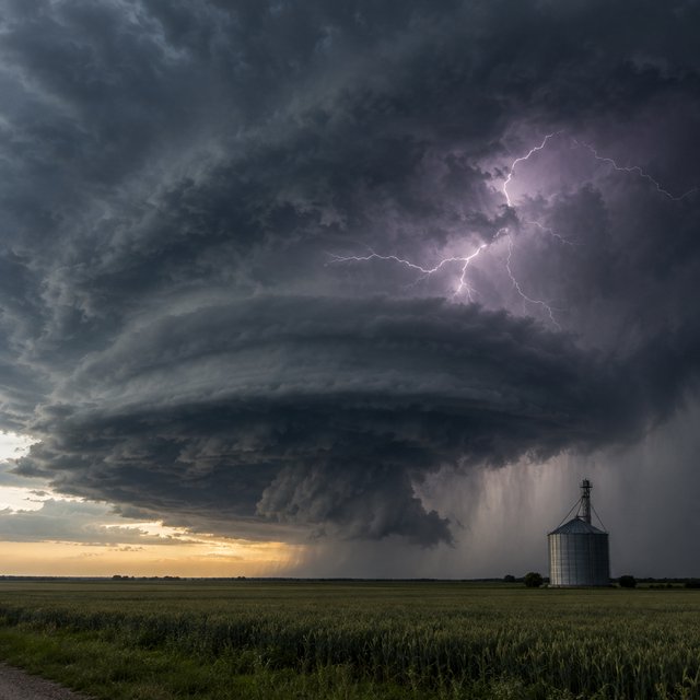 A supercell thunderstorm over flat farmland, lightning inside the cloud, a lone grain silo, dramatic but realistic. — GPT Image 2.5 Flare