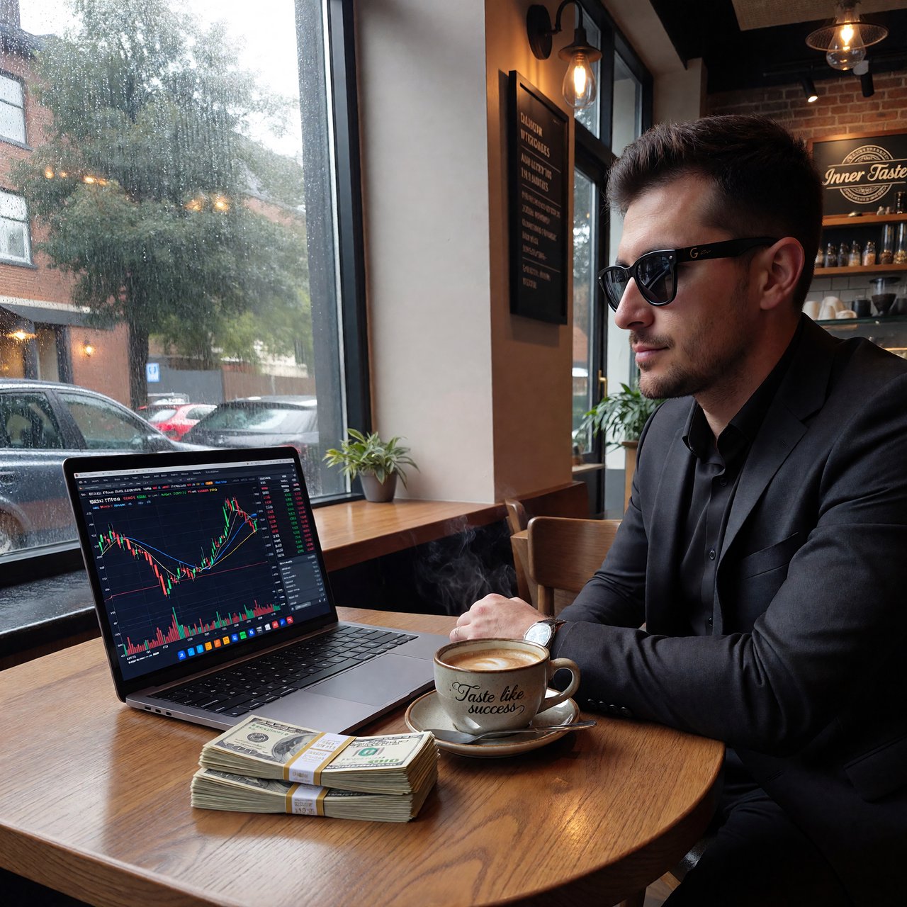 Realistic, a man wearing a black suit and cool shades with the word “G” on them, sitting near a table in a friendly coffee shop with the words “Inner Taste” displayed in the shop, coffee on the table, a coffee cup with the words “Taste like success,” a stack of money on the table, a high-end laptop displaying a successful trade, and rain pouring outside. The vibe is calm and chill. — ImagineArt 1.5 Pro