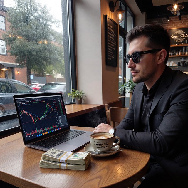 Realistic, a man wearing a black suit and cool shades with the word “G” on them, sitting near a table in a friendly coffee shop with the words “Inner Taste” displayed in the shop, coffee on the table, a coffee cup with the words “Taste like success,” a stack of money on the table, a high-end laptop displaying a successful trade, and rain pouring outside. The vibe is calm and chill. — ImagineArt 1.5 Pro