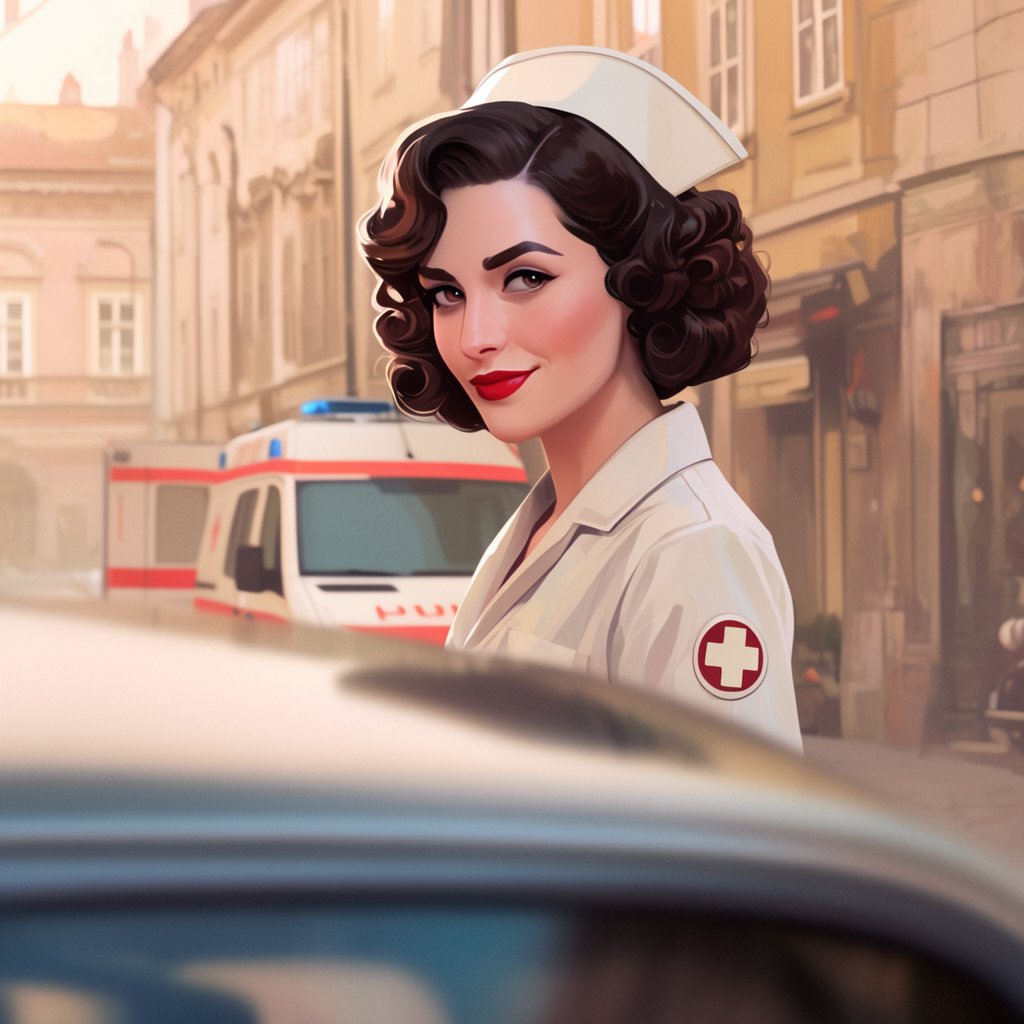 A digital illustration depicts an attractive vintage-style nurse with fair skin and dark, curly hair styled in waves reminiscent of past decades. She wears red lipstick, a white nurse's cap, a uniform, and a cross emblem on her sleeve. A classic European street scene featuring an ambulance and old buildings forms the background. — Krea 2 Large