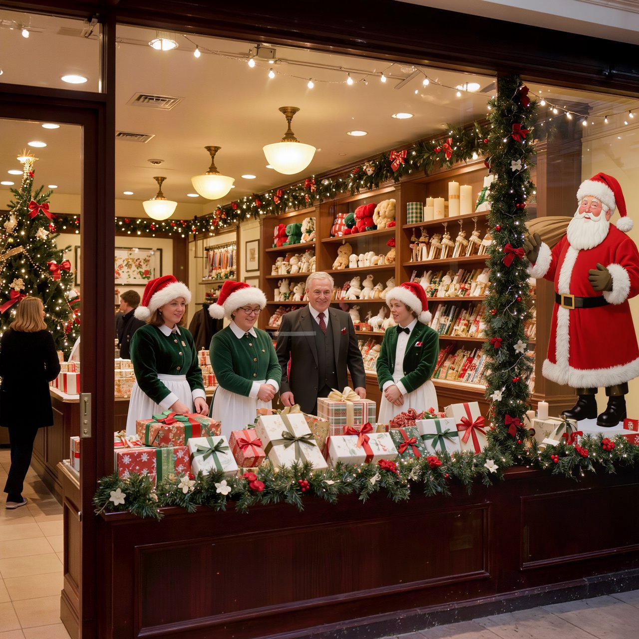 A UK department store in the 1970s at Christmas time. The lighting and decor will be very festive, with staff members dressed in festive outfits. — Kling v3