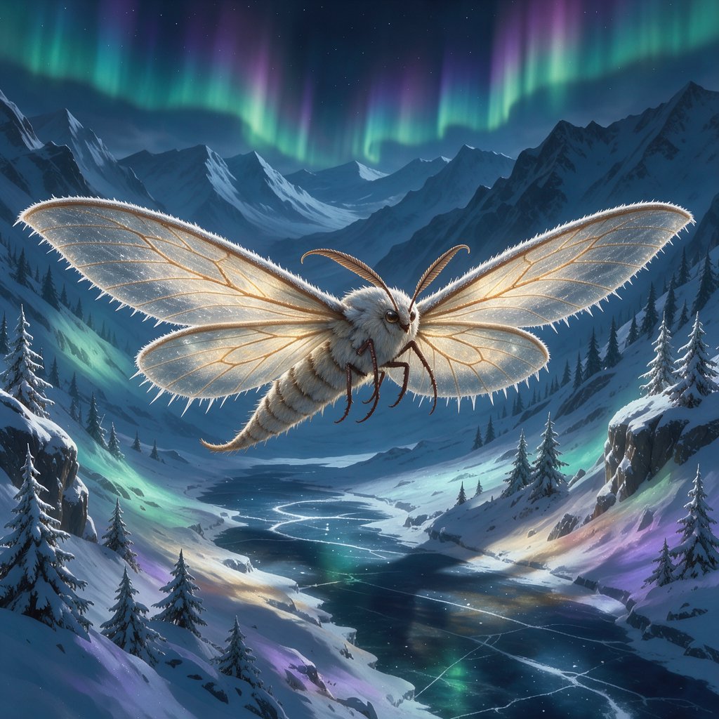 A cathedral-sized mothlike creature glides above a frozen ravine, its translucent wings veined with amber light and fringed with frost. Tiny mountain pines cling to the cliffs as aurora colors ripple across the snow. — FLUX 3 Image