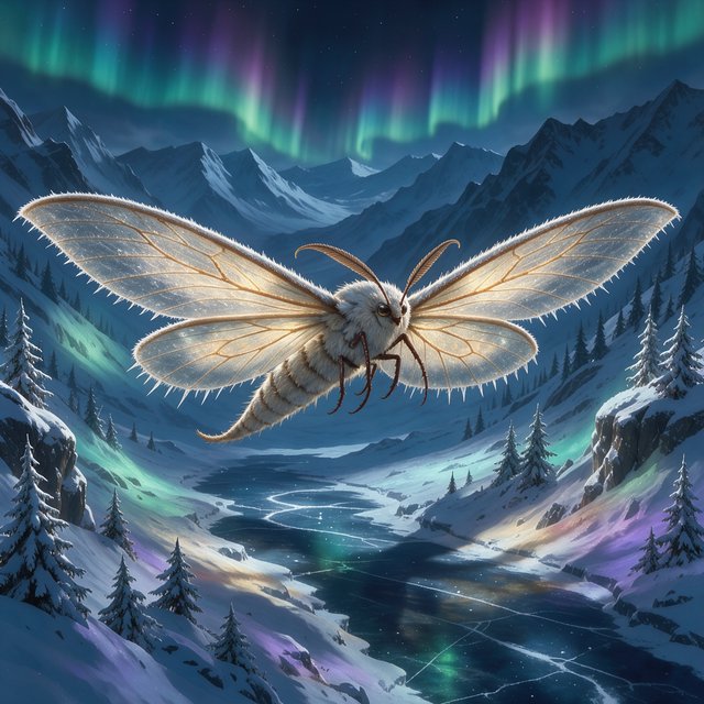 A cathedral-sized mothlike creature glides above a frozen ravine, its translucent wings veined with amber light and fringed with frost. Tiny mountain pines cling to the cliffs as aurora colors ripple across the snow. — FLUX 3 Image
