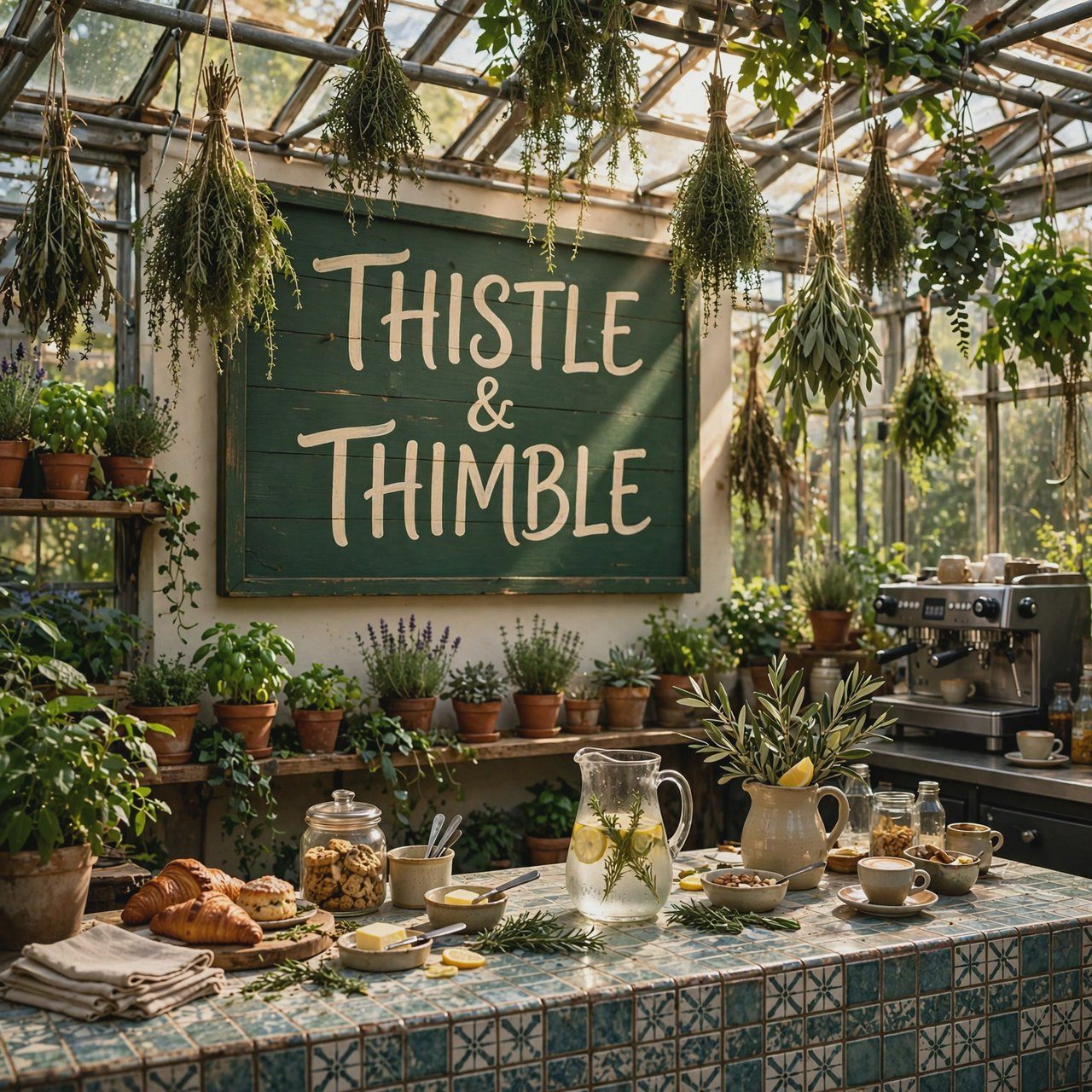 At a neighborhood greenhouse café, sunlight filters through hanging herbs above a tiled counter; "THISTLE & THIMBLE" is painted in hand-lettered cream script across a deep green wooden menu board. — Muse Image 1.0