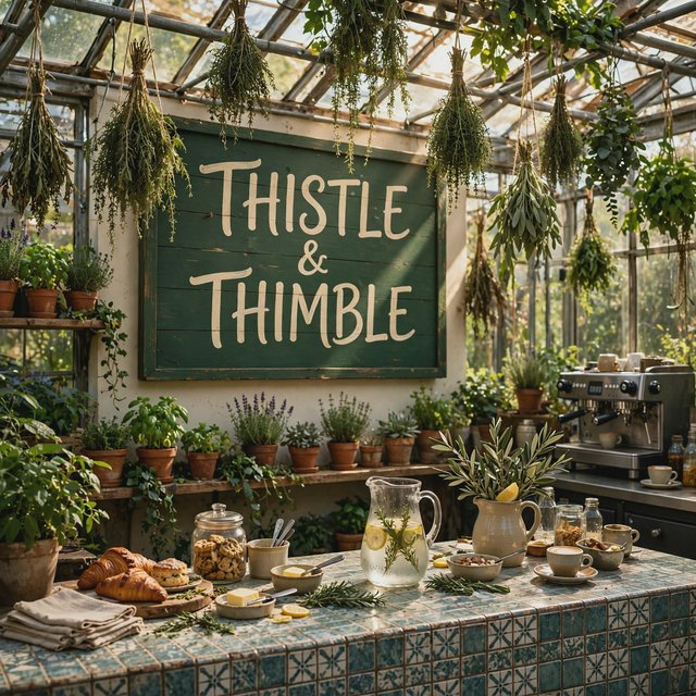 At a neighborhood greenhouse café, sunlight filters through hanging herbs above a tiled counter; "THISTLE & THIMBLE" is painted in hand-lettered cream script across a deep green wooden menu board. — Muse Image 1.0