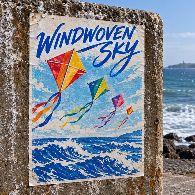On a salt-stained seawall, a printed poster for a kite-making exhibition shows bright diamond kites sweeping above blue waves; “WINDWOVEN SKY” is screen-printed in sweeping cobalt script, with no other legible writing. — Model 3