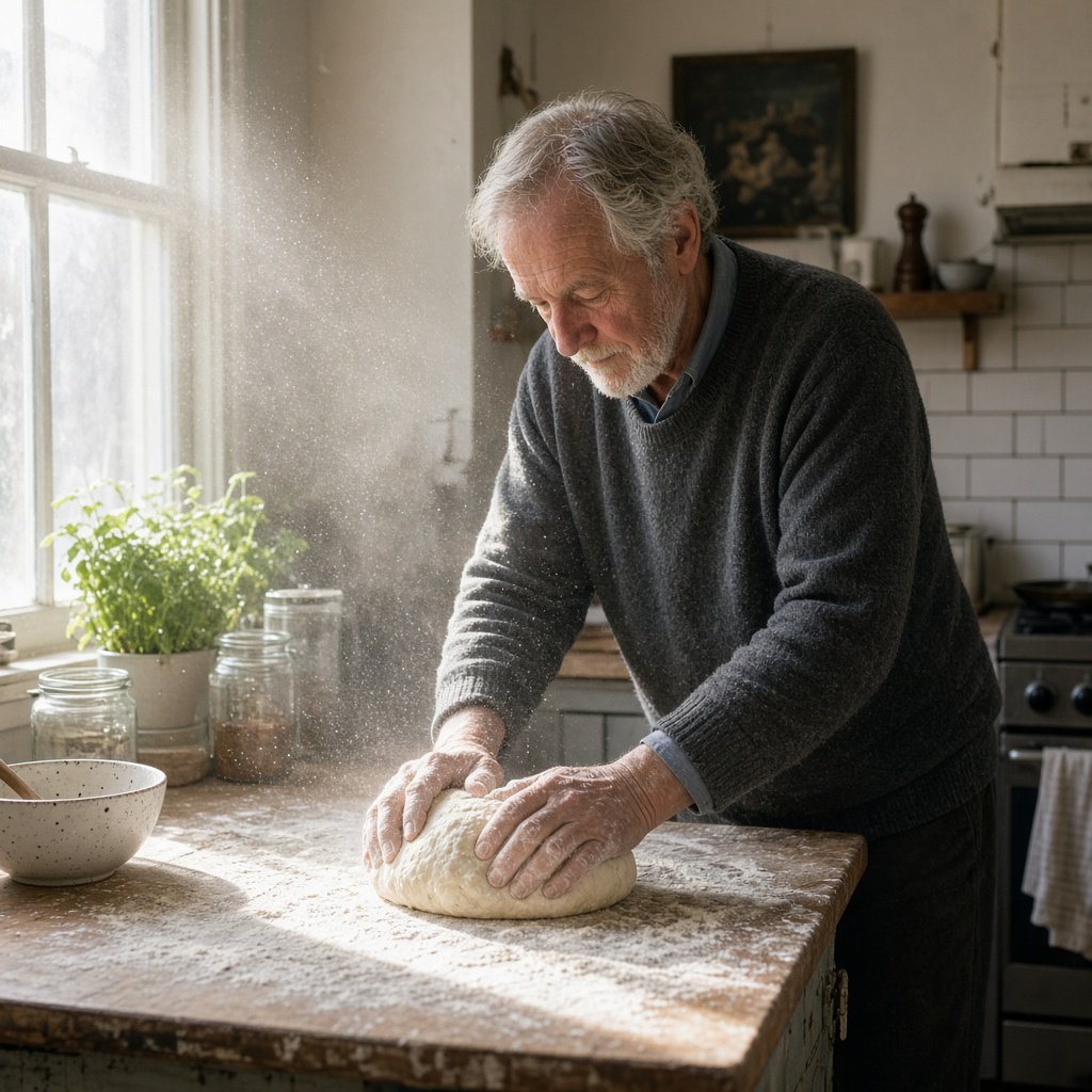 Documentary photo of a home kitchen mid-morning, flour dust in a shaft of window light, an older man kneading dough, natural light only. — Grok Imagine Image 2
