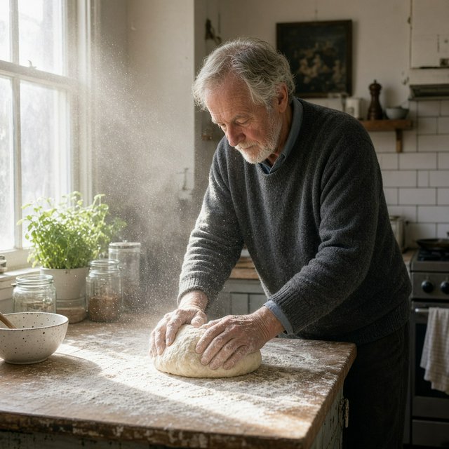 Documentary photo of a home kitchen mid-morning, flour dust in a shaft of window light, an older man kneading dough, natural light only. — Grok Imagine Image 2