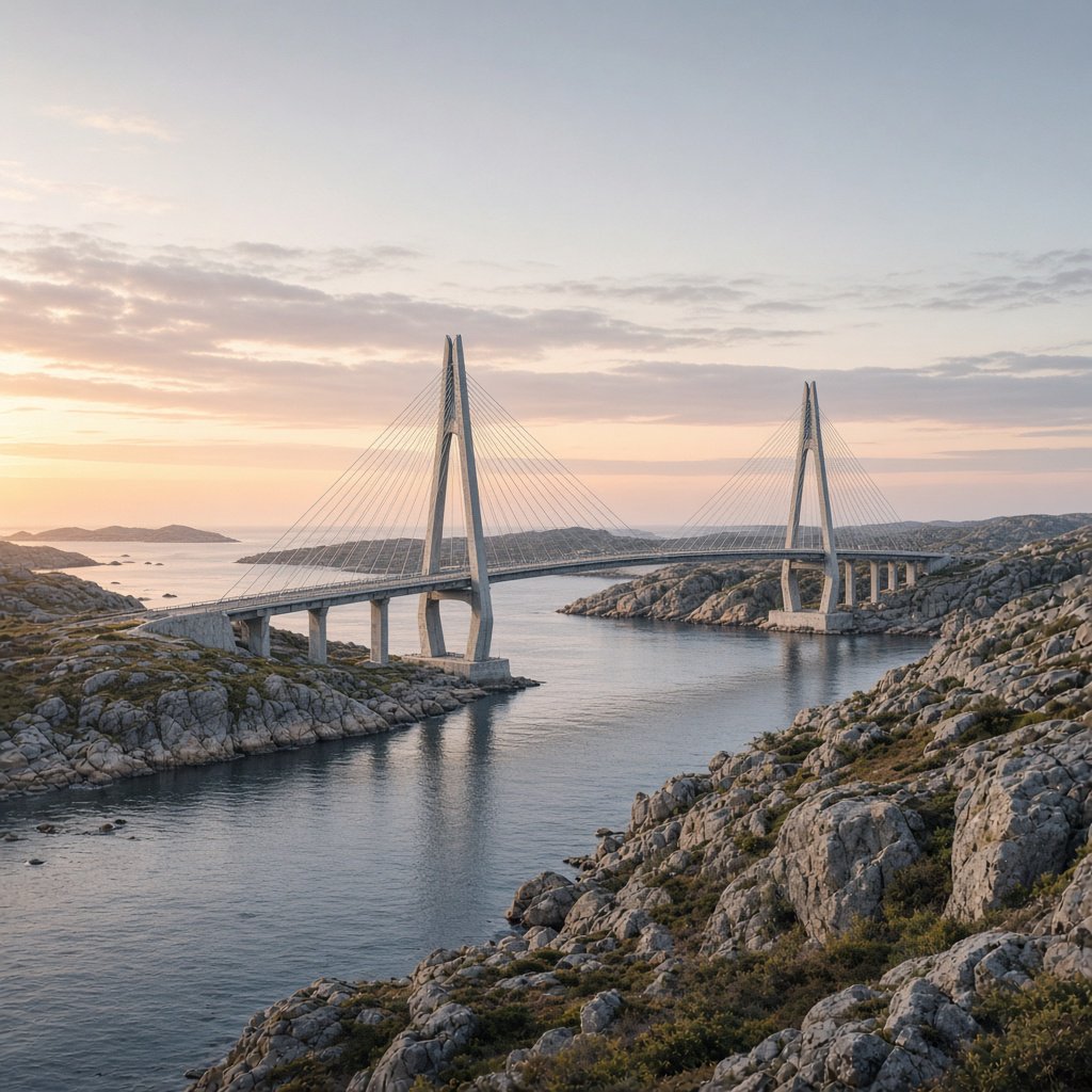 Across a sheltered coastal inlet, a contemporary high-tech cable-stayed bridge spans between granite shores, its slender steel pylons and pale concrete deck catching cool sunrise light; viewed from a rocky bank, straight lines and credible engineering define the scene. — Grok Imagine Image 2