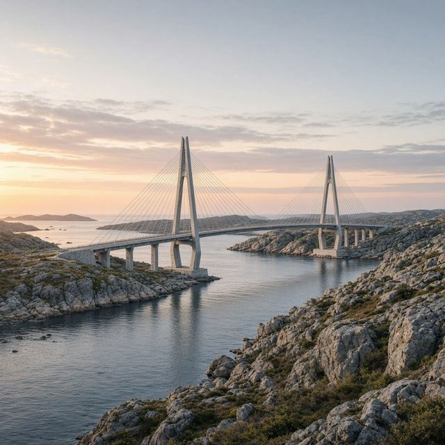Across a sheltered coastal inlet, a contemporary high-tech cable-stayed bridge spans between granite shores, its slender steel pylons and pale concrete deck catching cool sunrise light; viewed from a rocky bank, straight lines and credible engineering define the scene. — Grok Imagine Image 2