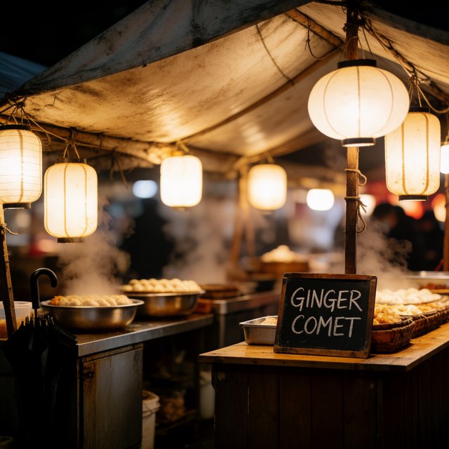 Steam curls above baskets of dumplings at a lively night-market stall, lantern light warming its canvas canopy; "GINGER COMET" is chalked in bold white letters on a blackboard beside the serving counter. — Krea 2 Medium