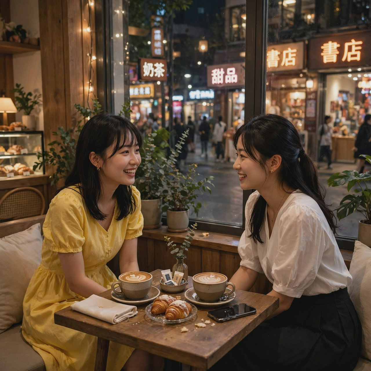 A cozy nighttime café scene featuring two young adult Chinese women seated at a table by a window. One wears a yellow dress, and the other, seated opposite her, wears a white blouse and black skirt. They are chatting warmly with each other, with two cups of coffee on the table. Outside the window, a lively shopping street glows with evening lights, creating a relaxed, intimate, and cinematic atmosphere. — Muse Image 1.0