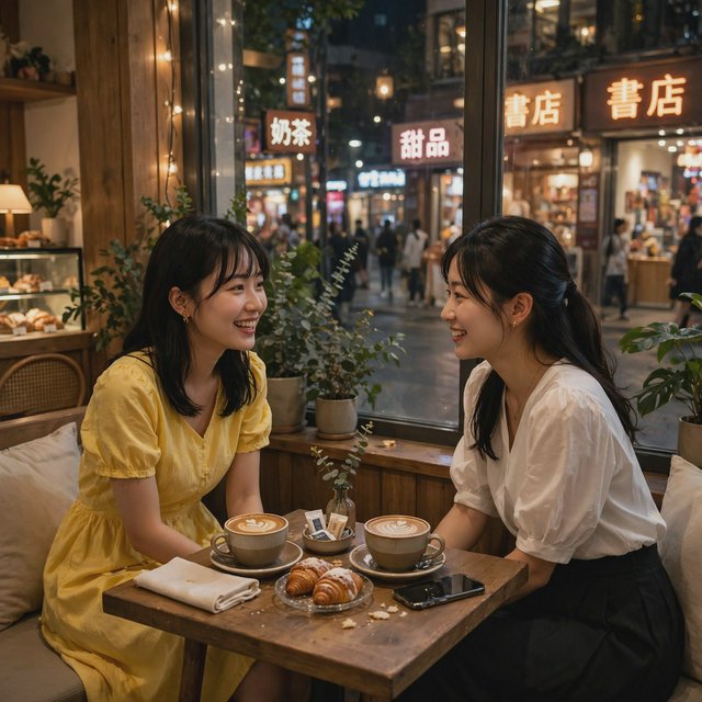 A cozy nighttime café scene featuring two young adult Chinese women seated at a table by a window. One wears a yellow dress, and the other, seated opposite her, wears a white blouse and black skirt. They are chatting warmly with each other, with two cups of coffee on the table. Outside the window, a lively shopping street glows with evening lights, creating a relaxed, intimate, and cinematic atmosphere. — Muse Image 1.0