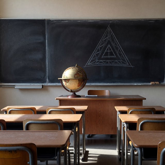A classroom with exactly four desks in two rows, a globe on the teacher's desk, a chalkboard with a single drawn triangle, empty of people. — ImagineArt 1.5 Pro