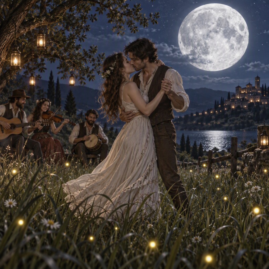 An illustration of a young adult European couple sharing a kiss while dancing in a moonlit meadow, with tall grass, fireflies, musicians playing music, and a huge silver moon overhead. — GPT Image 2.5 Sunburst
