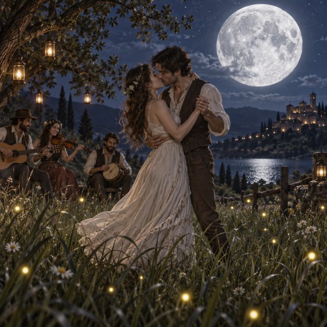 An illustration of a young adult European couple sharing a kiss while dancing in a moonlit meadow, with tall grass, fireflies, musicians playing music, and a huge silver moon overhead. — GPT Image 2.5 Sunburst