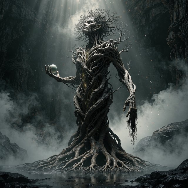 fantasy aesthetic, volumetric fog, chiaroscuro lighting, subsurface scattering, sculptural realism, an epic adult dryad. — Recraft v4 Pro