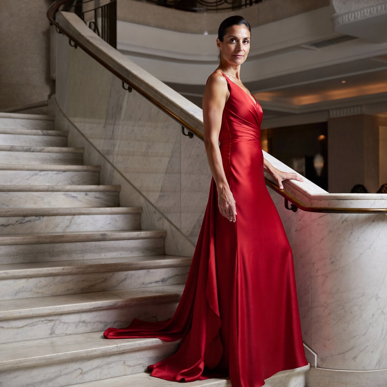An adult woman in a floor-length red satin evening gown on a marble staircase, soft key light, confident pose, magazine cover style. — ImagineArt 2