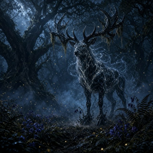 Low-angle wide shot, ancient overgrown oak forest at midnight: a colossal ghost stag looms, its semi-transparent form woven from swirling inky mist threaded with liquid silver moonlight. Polished obsidian antlers cut through shadow, jagged edges catching faint starlight, moss dangling from their points. Heavy hooves press into the loamy forest floor, wild bluebells and ferns curling black and crumbling to ash beneath each step. Hundreds of faint gold fireflies drift slowly through thick volumetric fog, their glows diffused in the haze. Deep indigo and charcoal color palette, somber quiet dread, atmospheric dark fantasy aesthetic, soft dappled moonlight filtering through a gnarled canopy, cinematic depth of field, sharp fine edges on the stag's antlers and decaying foliage. — Grok Imagine Image 2