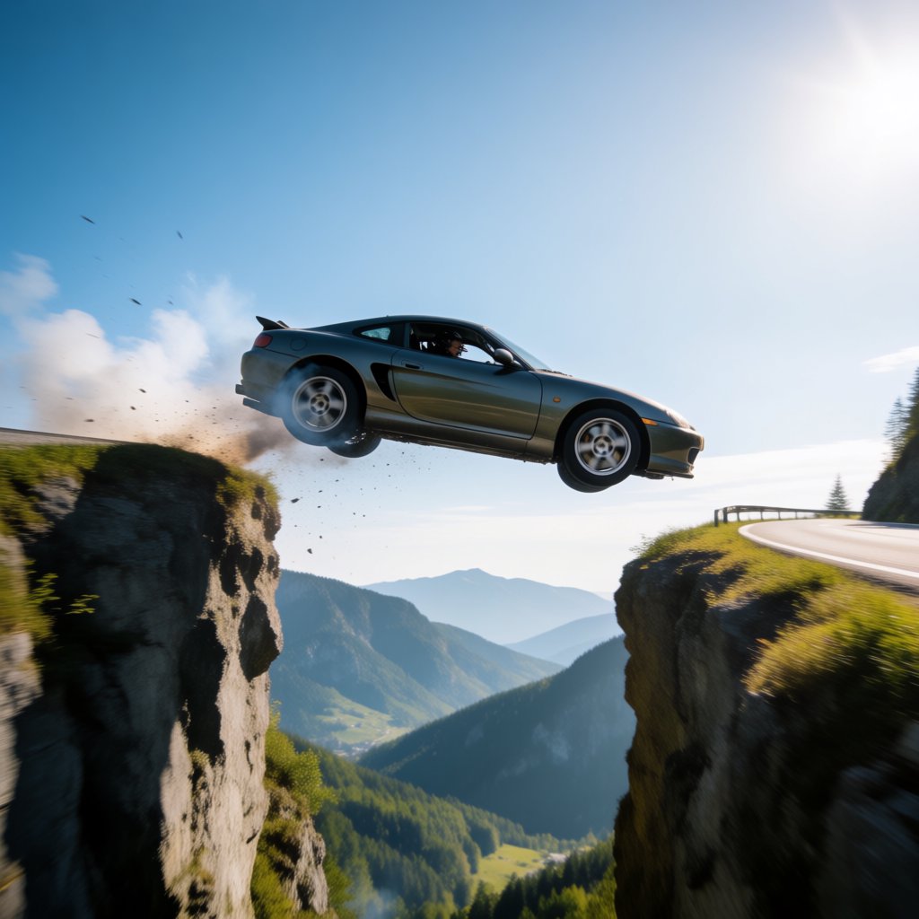 A sports car in a daredevil stunt has driven off a road from a high cliff, attempting to fly and land on the road on the next cliff. Beautiful mountainous background, sunny blue sky. Show motion, speed, and action. — Krea 2 Medium