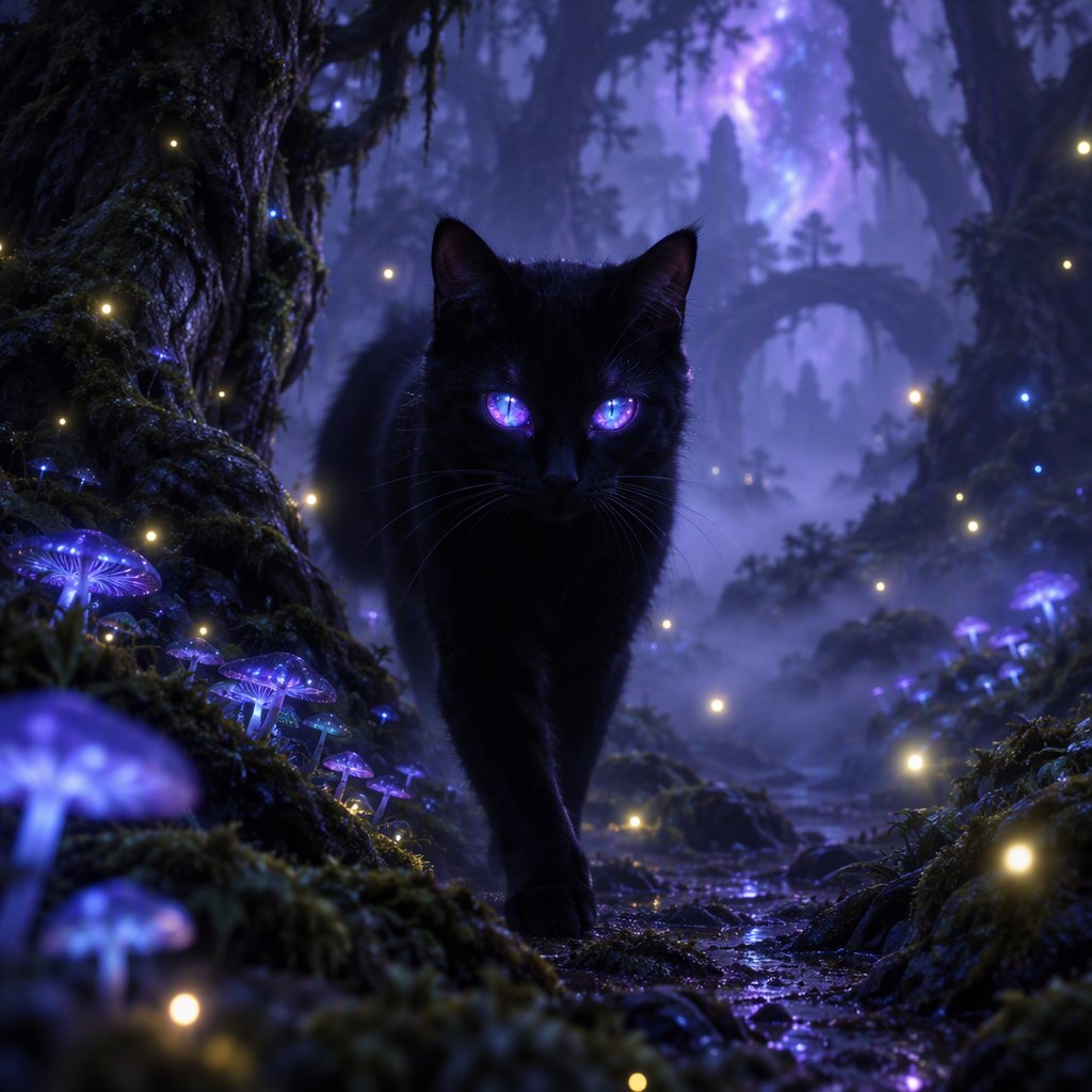 A sleek, obsidian cat with fur that seems to absorb all light, walks with quiet grace through a tranquil, mist-shrouded forest. Its eyes glow with an inner cosmic energy, reflecting distant nebulae. Ethereal fireflies drift around it, illuminating ancient, gnarled trees and glowing mushrooms. The style is deeply atmospheric, emphasizing soft focus and a palette of deep purples and blues. — GPT Image 2.5 Flare