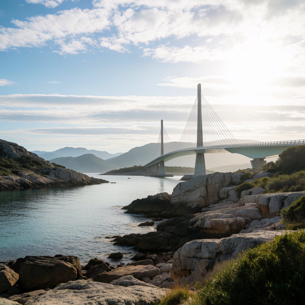 Across a sheltered coastal inlet, a contemporary high-tech cable-stayed bridge spans between granite shores, its slender steel pylons and pale concrete deck catching cool sunrise light; viewed from a rocky bank, straight lines and credible engineering define the scene. — Krea 2 Medium
