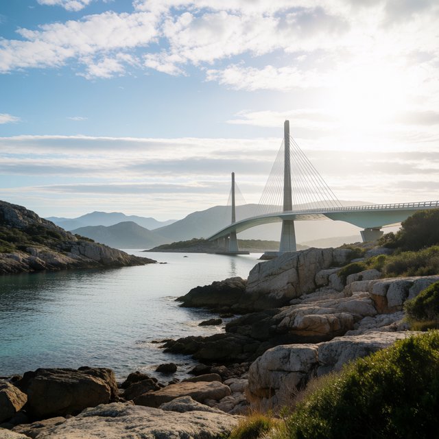 Across a sheltered coastal inlet, a contemporary high-tech cable-stayed bridge spans between granite shores, its slender steel pylons and pale concrete deck catching cool sunrise light; viewed from a rocky bank, straight lines and credible engineering define the scene. — Krea 2 Medium
