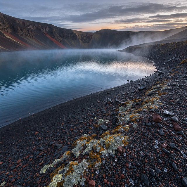 At first light, a rain-cleared volcanic caldera lake lies beneath thinning fog; pumice grains and damp lichen sharpen the near shore, while dark cinder slopes step back toward a distant rim. — FLUX 3 Image