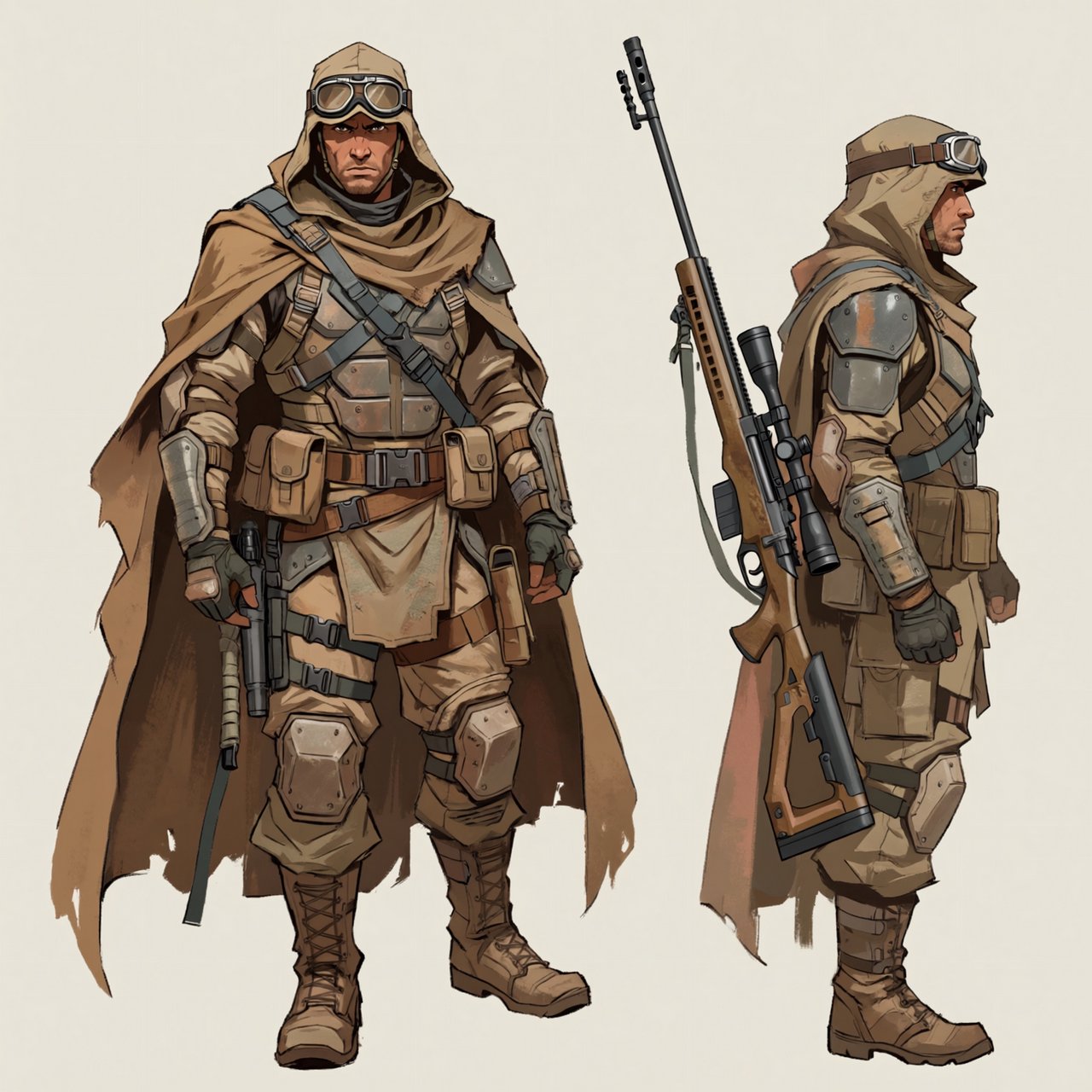 Character design sheet of a desert ranger in layered sand-coloured armour with a long rifle, front and side view, neutral background. — ImagineArt 2