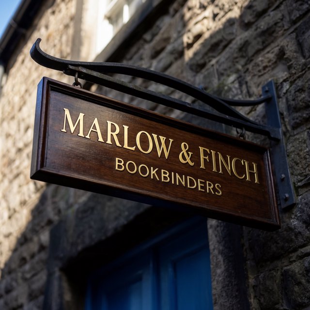 A hanging wooden shop sign that reads "MARLOW & FINCH — BOOKBINDERS" in gold serif letters, carved, above a blue door. — Krea 2 Large