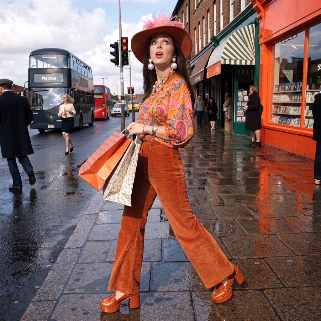 A glamorous woman walking down a busy UK high street in 1977. There are cars, buses and shops full of merchandise. Something surprising catches her eye. — Recraft v4