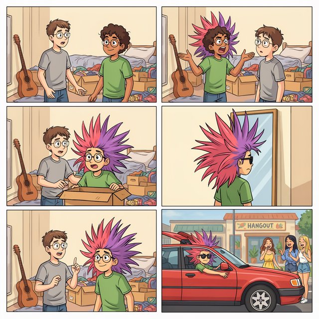 A three-row, six-panel sequence. Panel 1: A short-haired, nerdy man is talking to his friend Babu, another nerd with curly hair and round-frame glasses. They are both 20. Babu's room has a guitar and boxes full of things. Panel 2: Babu is exclaiming to his friend, saying something! Middle row, panel 3: Babu brings a spiky Mohican wig, pink to purple in color, out of one of his boxes. But it is oddly big. Panel 4: Babu stands in front of a wall mirror wearing the spiky wig—it is oddly very big! He looks concerned. Bottom row, panel 5: Babu's nerdy friend exclaims something to him, as if he has had an idea. Bottom row, panel 6: Babu is in a right-hand-drive sedan with a sunroof. Half of the spiky hair on his wig sticks out through the sunroof. The car is parked in front of a neighborhood hangout. Babu is looking out of the window, with one hand out of it. He wears sunglasses, trying to look cool. Several pretty adult women his age are giggling at him. — Ideogram v4.5