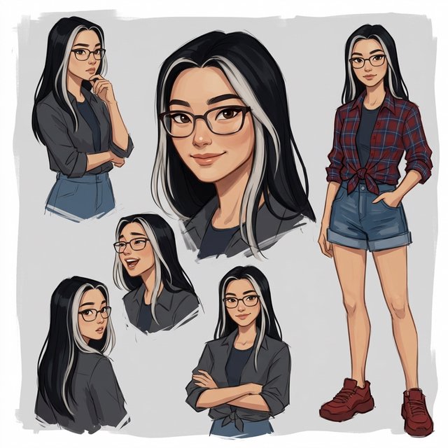 Character exploration sheet of the same woman: several bust and waist-up studies with varied expressions and 3/4 views, including one from behind, glancing over her shoulder at the viewer; one larger central portrait; and one full-length figure at the side, spanning the image height. Plain light-gray background with irregular painted edges. Character: 25-year-old Korean woman with long straight black hair and two platinum face-framing streaks from roots to ends, glasses, tipped almond eyes, Asian skin tone, plaid button-up tied at the waist, cuffed denim shorts, chunky red sneakers. Style: stylized semi-realistic digital painting; animation-inspired proportions, large eyes, strong brows, simplified but solid anatomy, painterly shape-based rendering, minimal linework, soft facial shading, angular clothing brushwork, warm luminous skin with peach/terracotta undertones and rosy cheeks/nose, sculpted hair, muted charcoal/earth palette, soft studio light, loose unfinished edges. — Model 15