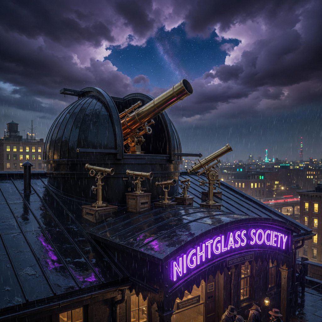 On a rain-darkened rooftop observatory, brass instruments gleam beneath a sliding dome while clouds part above the city; "NIGHTGLASS SOCIETY" glows in violet neon along the entrance canopy. — Grok Imagine Image Quality